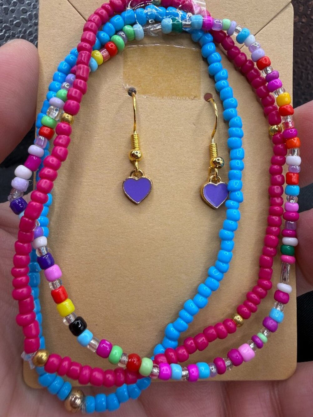 Boho Purple Heart Dangle Earrings & Multi-Strand Seed Bead Set